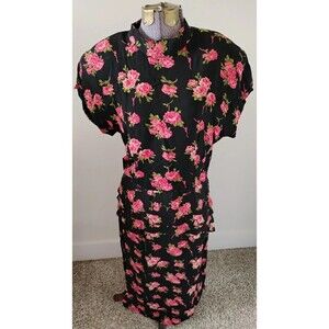 Vtg 80s Maxi Dress Women's Floral Print Shoulder Pad Peplum 8/10 Retro New Wave